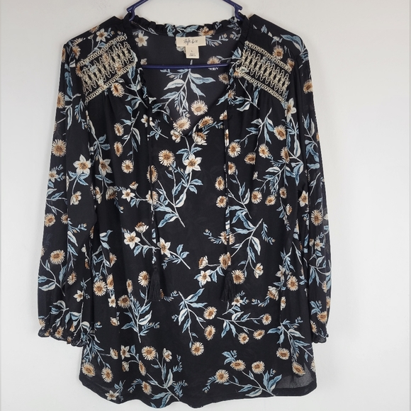 Style & Co. Tops - Style & Co Black Floral Boho V-neck Tunic Size Large